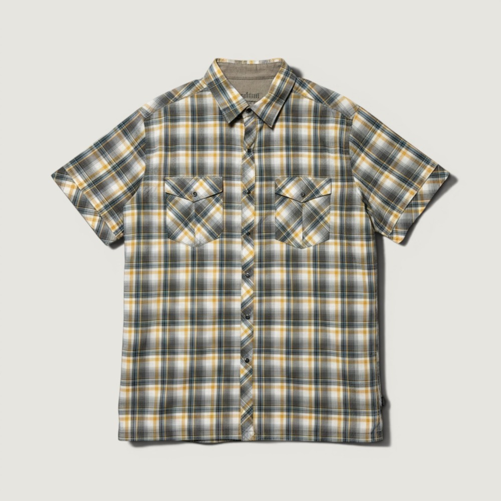 Kuhl Mens Short Sleeve Plaid Snap Button Down Shirt Yellow Grey Blue Size M